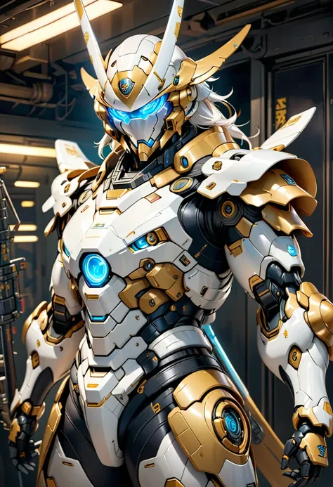 Mecha Samurai,photorealistic,Man with short white hair, white skin, Wearing blue glowing sci-fi glasses, defined and athletic body, white science fiction costume clothes with golden details, look forward, confident,