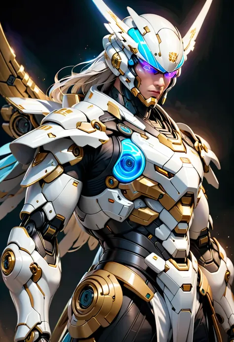 Mecha Samurai,photorealistic,Man with short white hair, white skin, Wearing blue glowing sci-fi glasses, defined and athletic body, white science fiction costume clothes with golden details, look forward, confident,