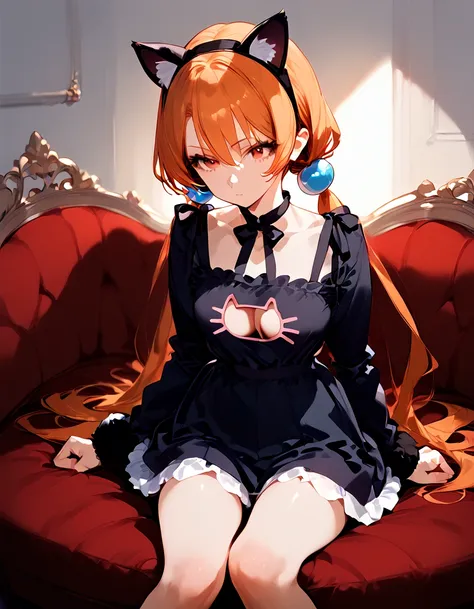 anime artwork, score_9, score_8_up, score_7_up, score_6_up, score_5_up, score_4_up,alisasr, 1girl, orange hair, red eyes, fake black cat ears, hairband, long hair, very long hair, twintails, hair ornament, hair bobbles, low twintails,,  style_3, floox styl...