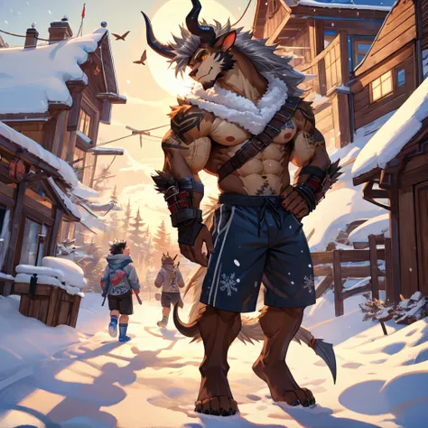 (masterpiece, best quality:1.2),final fantasy behemoth teen boy, winter, body covered in light brown fur, furry style, muscle fl...