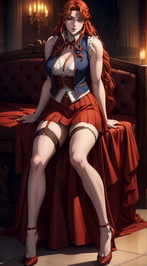 ((full body photo)), ((realistic photo)), 1 girl, (vest: 1.2), 8K, high resolution, finely detailed skin, lingerie, huge breasts, Lenore from Castlevania, vampire, red hair, skirt, lying on the side, toned legs, heels, pov sex on the side, pov, sex, hot, p...