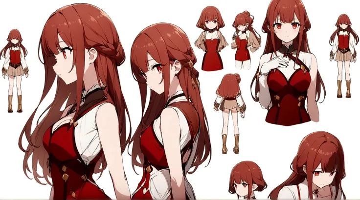 ((masterpiece)),(((best quality))),(character design sheet, same character, front, side, back), illustration, 1 woman, peitos grandes , hair color red, bangs, long hair, eyes red and gold, environment change scene, Hairstyle Fax, Pose Zitai, Female, Shirt ...