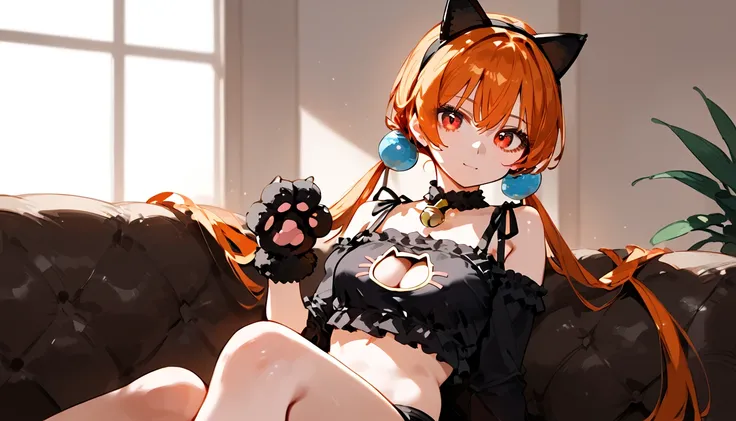 anime artwork, score_9, score_8_up, score_7_up, score_6_up, score_5_up, score_4_up,alisasr, 1girl, orange hair, red eyes, fake black cat ears, hairband, long hair, very long hair, twintails, hair ornament, hair bobbles, low twintails,,   , cat lingerie, pa...