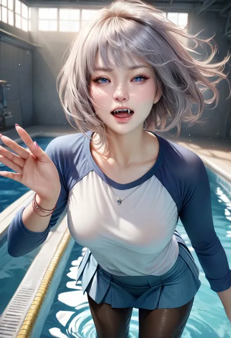 animetoreal,soft light, masterpiece, best quality,high quality,delicate face, realistic,photorealistic,1girl,,uzaki_hana, uzaki-chan_wa_asobitai!, grey_hair, short_hair, blue_eyes, fang, bracelet, jewelry, nail_polish, pink_nails, blue_skirt, blue_sleeves,...