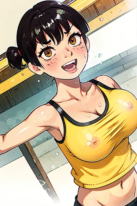 Ahegao by Sasaki Kanna, Yellow Tank Top, underboob, Sweat, Black hair twin tails, Big Breasts, Smile, Naughty smile, A foolish smile, Drooling, Sweaty big tits, Sweat dripping from the lower breast, A triumphant smile, Brown skin,