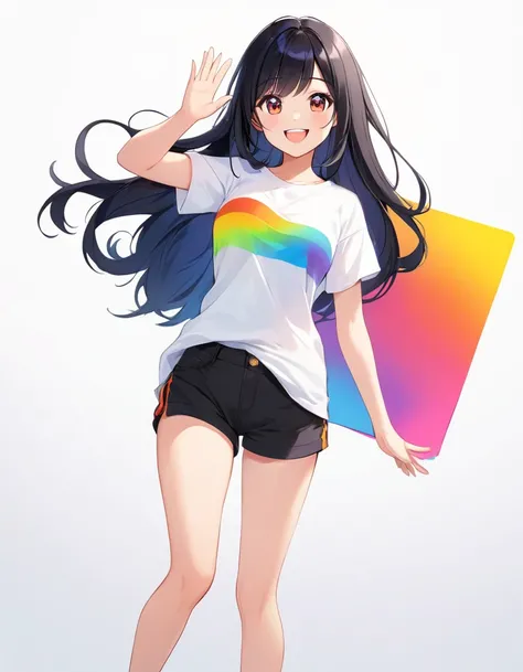 1girl, cartoon, long black hair, white t-shirt, black shorts, waving, smiling face, vibrant colors, white backgrounds, Full Body.