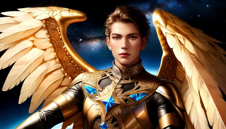 male character, Arcanjo Miguel, celestial image, details Intricate, realistic, ROSES and big wings, angelic background, Catholic illustrative depiction of the Arcanjo Miguel, male character of the Bible, Michael is dressed in angelic armor, Space backgroun...