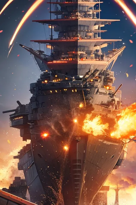 a massive battleship shooting its cannons