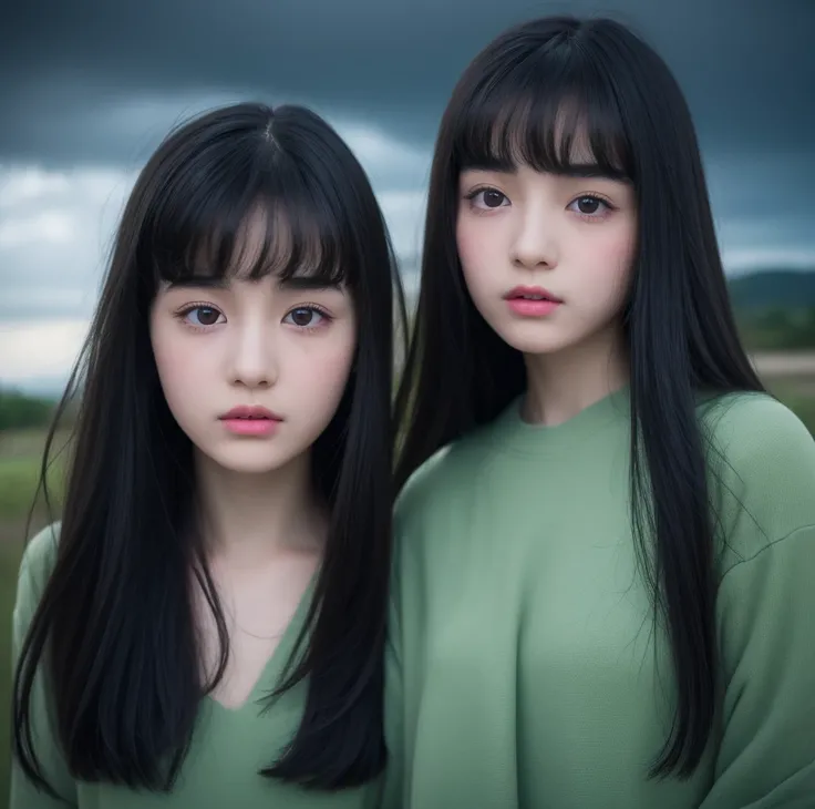 Pale teenage girl with silky black hair and bangs above her eyebrows, with small pink lips and a potato nose and light green eyes, taking a photo looking at the camera with your friend dark sky gray clouds and good quality 