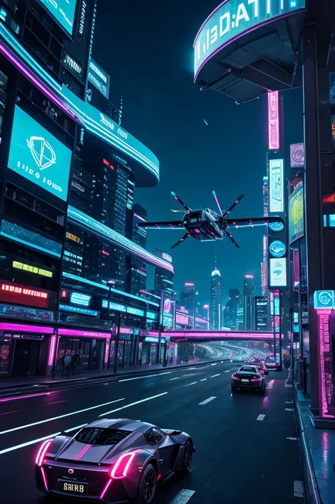 A futuristic cityscape with flying cars and neon lights.