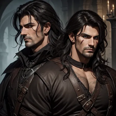 Male, medium wavy dark hair. Gothic, medieval. D&D. Barbarian. Face markings. Handsome