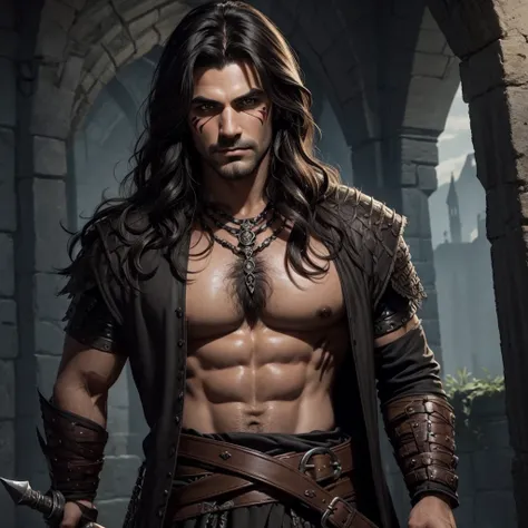 Male, medium wavy dark hair. Gothic, medieval. D&D. Barbarian. Face markings. Handsome