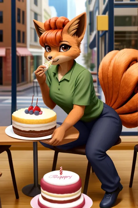 Anthro photorealistic humanoid furry fluffy female fursuit Vulpix with brown eyes wearing a green shirt and navy pants at a cake shop eating a jelly donut table chairs window street view tails