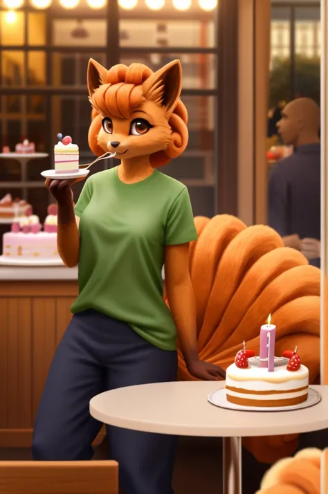 Anthro photorealistic humanoid furry fluffy female fursuit Vulpix with brown eyes wearing a green shirt and navy pants at a cake shop eating a jelly donut table chairs window street view tails