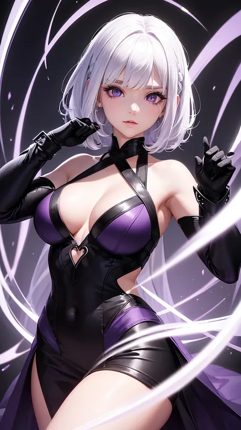 girl with white hair,with bangs, black gloves, purple clothes, purple dress, 4K, masterpiece, perfect body, stem,perfect eyes, perfect shading, perfect lighting, best quality, work of art, ultra detailed, detailed clothing