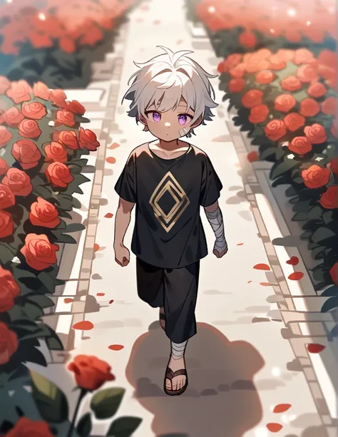 small Greek boy with white hair, violet eyes, wearing a black Greek shirt and ancient sandals, with bandages on his cheek and arm, walking in a red grass garden with rose and marble decorations