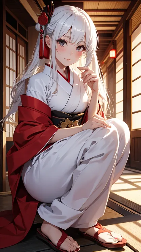 Geisha with white, tied hair sitting inside a traditional Japanese house
