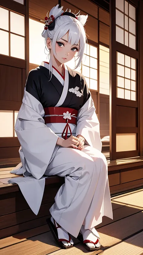 Geisha with white, tied hair sitting inside a traditional Japanese house
