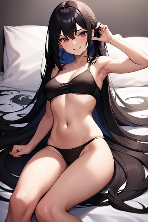 A girl with straight hair and black coloring, lying in bed wearing only extremely skimpy underwear with a seductive smile on her face.