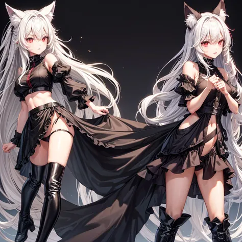 Hybrid black fox woman, wears short maid outfit showing panties, wear black boots, has long messy shaggy blonde hair, has dark red eyes, has black fox ears and black fox tail, black backdrop.