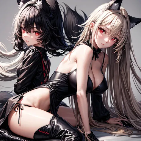 Hybrid black fox woman, wears short maid outfit showing panties, wear black boots, has long messy shaggy blonde hair, has dark red eyes, has black fox ears and black fox tail, black backdrop.