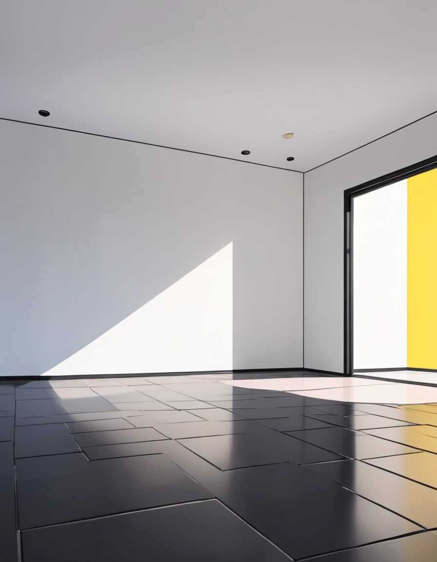 Empty Living Room, White wall, Black Floors, Simple, Cartoon Styles, Simple Cartoon Style.