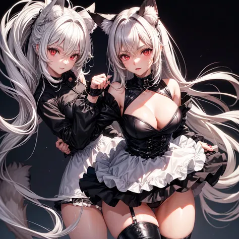 Hybrid black fox woman, wears short maid outfit showing her panties, wear black boots, has long messy shaggy blonde hair, has dark red eyes, has black fox ears and black fox tail, black backdrop.