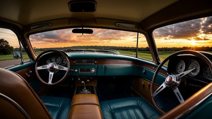 inside a old school car with a sunset and nice clouds out of the windsheild