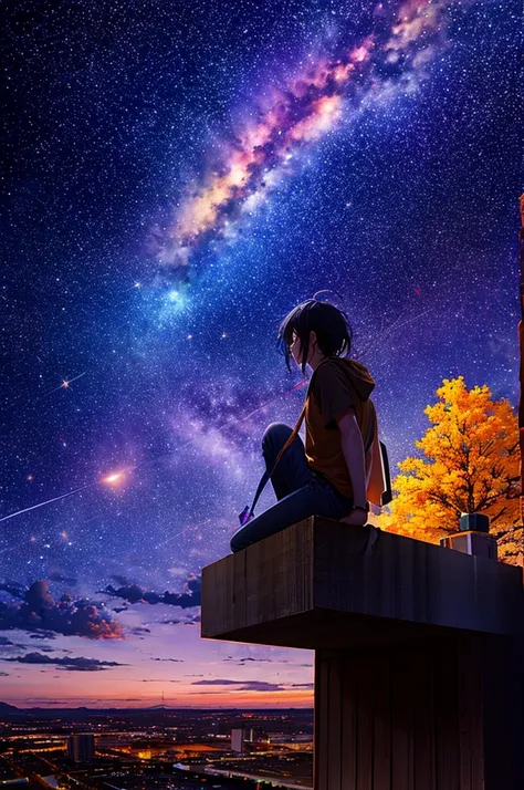  com a câmera
octane, sky, star (sky), scenery, starry sky, night, Goku, night sky, alone, outdoors, building, cloud, milky way, sitting, tree, long hair, city, silhouette, cityscape