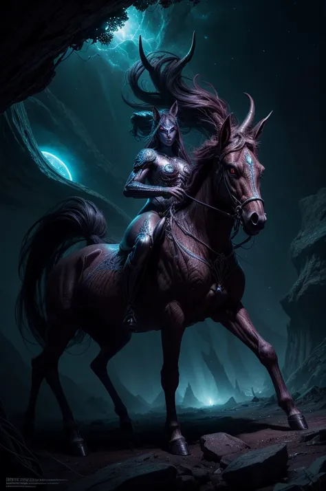 a centaur with glowing eyes, ethereal cosmic atmosphere, glowing cosmic energy, detailed anatomy, surreal fantasy landscape, volumetric lighting, cinematic composition, dramatic lighting, vibrant colors, intricate details, digital painting, highly detailed...