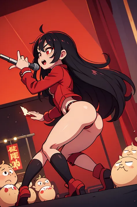 black long hair. pop idol. Red eyes. concert stage. dynamic pose in red lingerie showing her little ass 