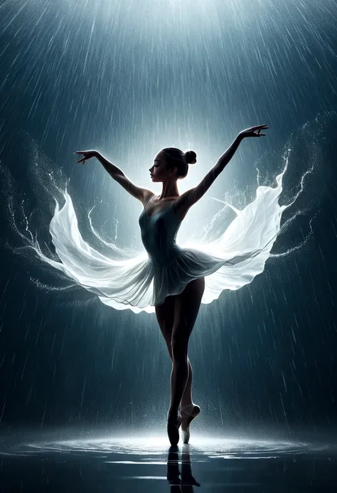 The silhouette of a ballet dancer gradually formed by the rain， Lake, Digital Art Style, Simple lines，Silhouette of a ballet dancer dancing beautifully from above, 暴雨 dancing with the light Simple lines, Silhouette Art, background, illustration, 暴雨backgrou...