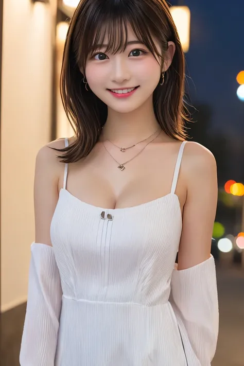 Highest quality, (beautiful)、A flashy mini dress with shoulder straps、Larger breasts、Brown Hair、looking at the camera、In front of the love hotel、necklace、night、smile