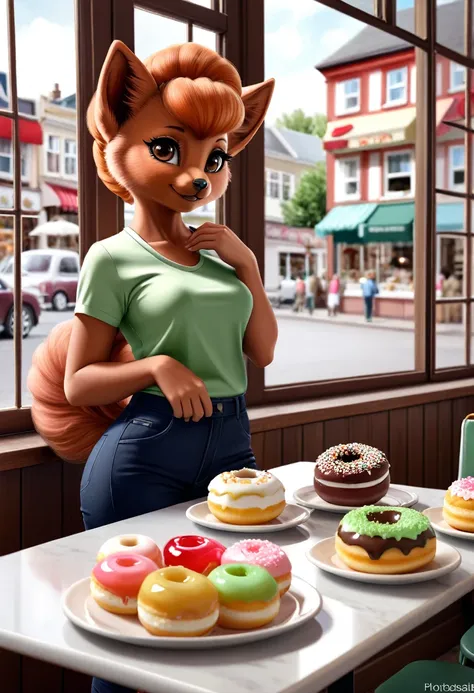 Anthro photorealistic humanoid furry fluffy female fursuit Vulpix with brown eyes wearing a green shirt and navy pants at a cake shop eating a jelly donut table chairs window street view