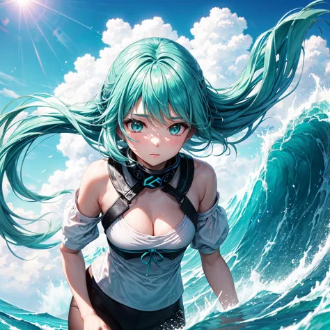 waifu in a cloud of ultra turquoise wave dust