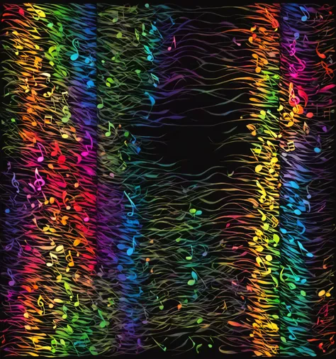 Black background, rainbow colored musical notes