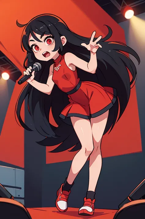 black long hair. pop idol. Red eyes. concert stage. legs nua