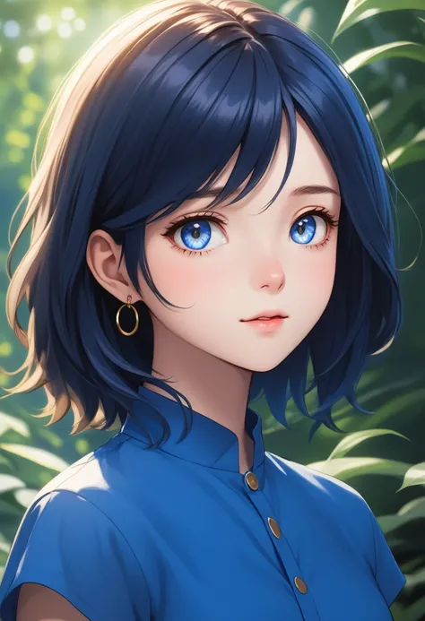 anime illustration, 1girl, wavy shoulder-length hair, serene, calm, (realistic detailed eyes, natural skin texture, realistic face details), soft dramatic lighting, depth of field, bokeh, vibrant details, finely detailed, BREAK, she wearing cornflower-blue...