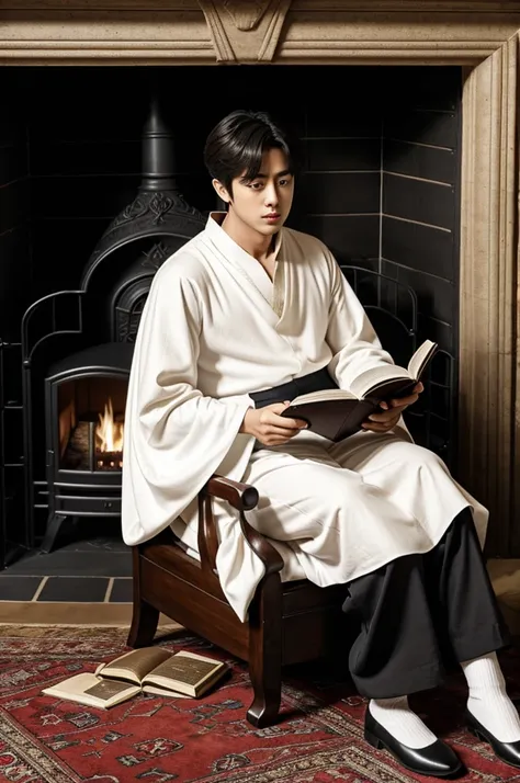 Kim Seokjin in medieval clothes, white blouse with wide sleeves and black trousers, reading a book on an armchair near a burning fireplace. Sitting in a dark room with books and a bear rug