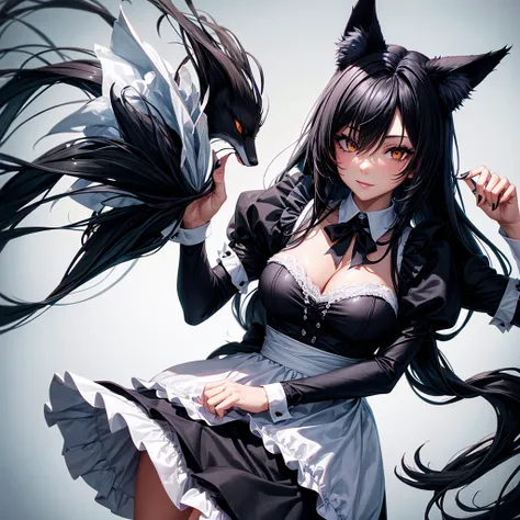 Hybrid black fox woman, wears a maid&#39;s outfit showing her panties, wear black boots, has long messy shaggy yellow hair, has dark red eyes, has black fox ears and black fox tail, has big breasts.