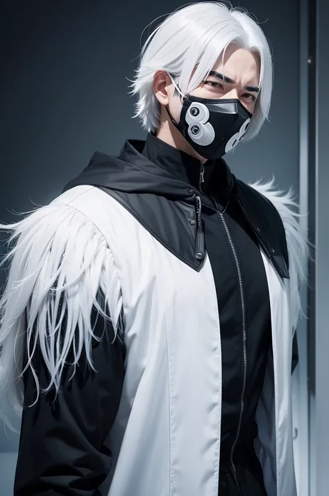 Male character with white hair,white eyes with rays, black mouth mask,Grieving