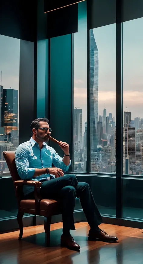 skyscraper office in big city, a man sits on a luxurious chair and smokes a large cigar, high qualiy, absurderes, work of art, comely, details Intricate, 1/2-body cut, Fine body, comely figure, Magnificent Anatomy, (details Intricate:1.12), hdr, (details I...