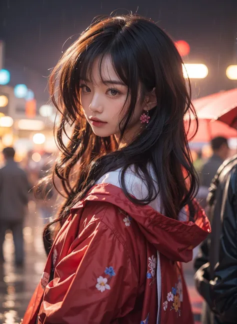 Beautiful Japanese Waifu, brunette hair, red flowery rain coat, in a rainy night