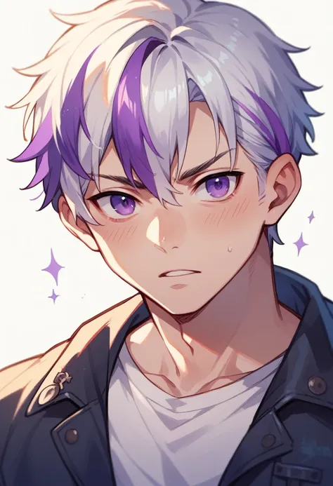 A boy with white hair with purple highlights, detailed purple eyes