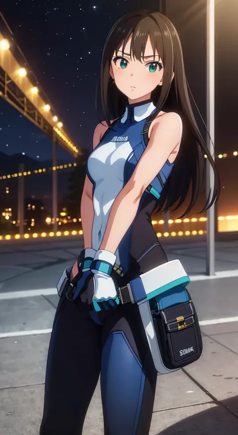 (masterpiece、Highest quality、In 8K、High resolution:1.2)、alone、One Girl、 Rin Shibuya, 、Tight clothes、Cowboy Shot、Look at the viewers、Combat Ready、Hero Suit、Bodysuits、Tight suit、Trained abdominal muscles、Trained biceps、(building:1.2)、Night Scenery、 com um ca...