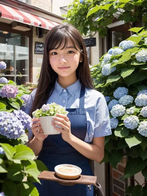 An 18-year-old girl who works at a café surrounded by hydrangeas  