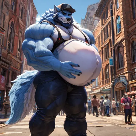 ((best quality)), ((masterpiece)), (Ultra detailed), ((4k)) , Furry Wolf , Anthro , Light Blue fur , Beard , Wearing Cap , Muscle , Pregnant Body , Big Ass Hole Show , Public Watch 