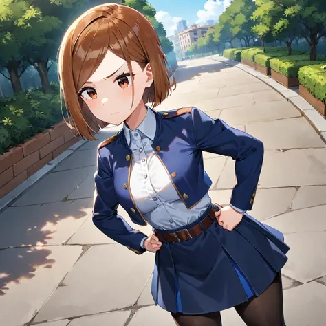 1girl, kugisaki nobara, pantyhose, brown hair, solo, hands on hips, short hair, brown eyes, , skirt, high waist skirt, belt, outdoors, breasts, jacket, standing, closed mouth, long sleeves, cropped jacket, black pantyhose, medium breasts, blue jacket, blue...