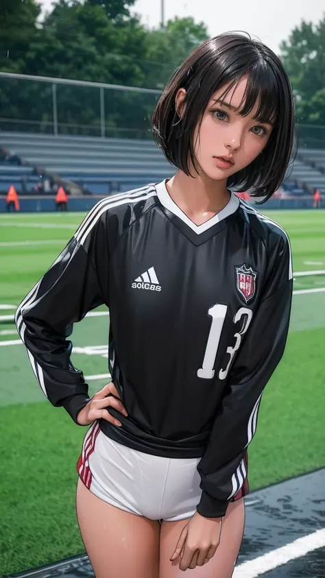 ((13-year-old girl, Very slim)), rain, heavy rain, Black Hair, Bobcut, Football Stadium, (Soccer uniforms, White, Wet Hair, Wet Skin, Wet clothes), (NSFW)