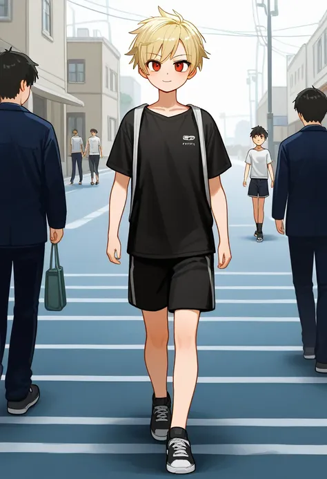 A tomboy teenager with short blonde hair and red eyes, walking down the street. She has a physique and appearance similar to a boy, embodying a tomboy look. She appears cute with a confident and relaxed expression